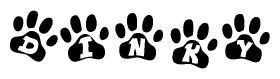 The image shows a series of animal paw prints arranged horizontally. Within each paw print, there's a letter; together they spell Dinky