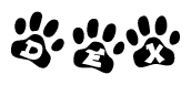 The image shows a row of animal paw prints, each containing a letter. The letters spell out the word Dex within the paw prints.