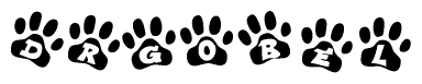 The image shows a row of animal paw prints, each containing a letter. The letters spell out the word Drgobel within the paw prints.