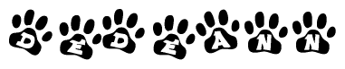 The image shows a series of animal paw prints arranged horizontally. Within each paw print, there's a letter; together they spell Dedeann