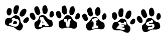 The image shows a row of animal paw prints, each containing a letter. The letters spell out the word Davies within the paw prints.
