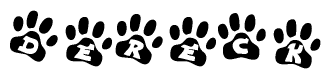 The image shows a series of animal paw prints arranged horizontally. Within each paw print, there's a letter; together they spell Dereck