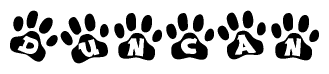 The image shows a series of animal paw prints arranged horizontally. Within each paw print, there's a letter; together they spell Duncan