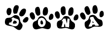 The image shows a series of animal paw prints arranged in a horizontal line. Each paw print contains a letter, and together they spell out the word Dona.
