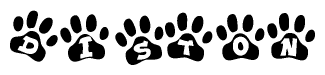 The image shows a series of animal paw prints arranged in a horizontal line. Each paw print contains a letter, and together they spell out the word Diston.