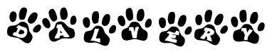 The image shows a series of animal paw prints arranged in a horizontal line. Each paw print contains a letter, and together they spell out the word Dalvery.