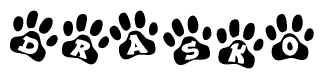 The image shows a series of animal paw prints arranged in a horizontal line. Each paw print contains a letter, and together they spell out the word Drasko.