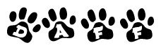 The image shows a series of animal paw prints arranged in a horizontal line. Each paw print contains a letter, and together they spell out the word Daff.