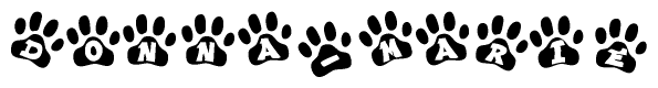 The image shows a row of animal paw prints, each containing a letter. The letters spell out the word Donna-marie within the paw prints.