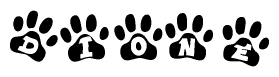 The image shows a row of animal paw prints, each containing a letter. The letters spell out the word Dione within the paw prints.