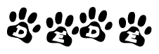 The image shows a series of animal paw prints arranged in a horizontal line. Each paw print contains a letter, and together they spell out the word Dede.