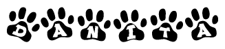 The image shows a row of animal paw prints, each containing a letter. The letters spell out the word Danita within the paw prints.