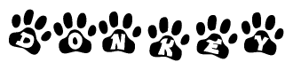 The image shows a series of animal paw prints arranged horizontally. Within each paw print, there's a letter; together they spell Donkey