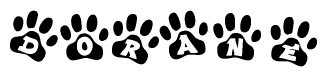The image shows a series of animal paw prints arranged horizontally. Within each paw print, there's a letter; together they spell Dorane