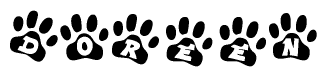 The image shows a series of animal paw prints arranged horizontally. Within each paw print, there's a letter; together they spell Doreen