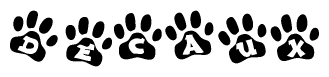 The image shows a series of animal paw prints arranged horizontally. Within each paw print, there's a letter; together they spell Decaux