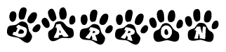 The image shows a series of animal paw prints arranged horizontally. Within each paw print, there's a letter; together they spell Darron