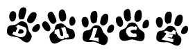 The image shows a row of animal paw prints, each containing a letter. The letters spell out the word Dulce within the paw prints.