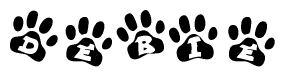 The image shows a series of animal paw prints arranged in a horizontal line. Each paw print contains a letter, and together they spell out the word Debie.