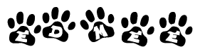 The image shows a series of animal paw prints arranged horizontally. Within each paw print, there's a letter; together they spell Edmee