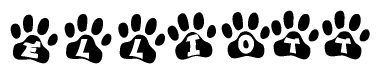 The image shows a series of animal paw prints arranged in a horizontal line. Each paw print contains a letter, and together they spell out the word Elliott.