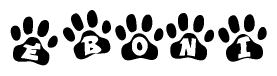 The image shows a row of animal paw prints, each containing a letter. The letters spell out the word Eboni within the paw prints.