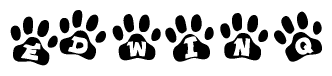 The image shows a row of animal paw prints, each containing a letter. The letters spell out the word Edwinq within the paw prints.