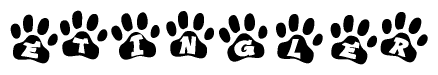 The image shows a row of animal paw prints, each containing a letter. The letters spell out the word Etingler within the paw prints.