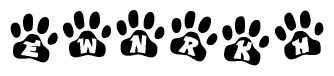 The image shows a series of animal paw prints arranged horizontally. Within each paw print, there's a letter; together they spell Ewnrkh