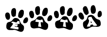The image shows a series of animal paw prints arranged in a horizontal line. Each paw print contains a letter, and together they spell out the word Etta.