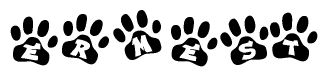 The image shows a series of animal paw prints arranged horizontally. Within each paw print, there's a letter; together they spell Ermest