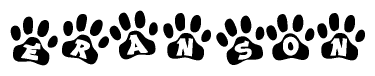 The image shows a series of animal paw prints arranged in a horizontal line. Each paw print contains a letter, and together they spell out the word Eranson.