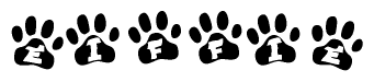 The image shows a row of animal paw prints, each containing a letter. The letters spell out the word Eiffie within the paw prints.