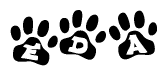 The image shows a series of animal paw prints arranged in a horizontal line. Each paw print contains a letter, and together they spell out the word Eda.