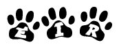The image shows a row of animal paw prints, each containing a letter. The letters spell out the word Eir within the paw prints.