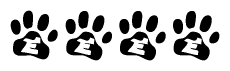 The image shows a series of animal paw prints arranged horizontally. Within each paw print, there's a letter; together they spell Eeee
