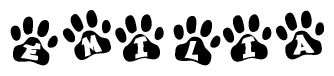 The image shows a row of animal paw prints, each containing a letter. The letters spell out the word Emilia within the paw prints.
