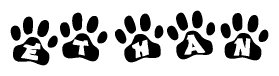 The image shows a row of animal paw prints, each containing a letter. The letters spell out the word Ethan within the paw prints.