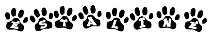 The image shows a series of animal paw prints arranged in a horizontal line. Each paw print contains a letter, and together they spell out the word Estaline.