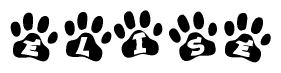 The image shows a row of animal paw prints, each containing a letter. The letters spell out the word Elise within the paw prints.