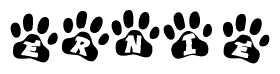 The image shows a row of animal paw prints, each containing a letter. The letters spell out the word Ernie within the paw prints.
