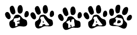 The image shows a series of animal paw prints arranged horizontally. Within each paw print, there's a letter; together they spell Fahad