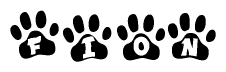 The image shows a series of animal paw prints arranged horizontally. Within each paw print, there's a letter; together they spell Fion