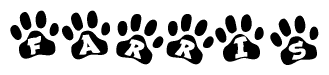 The image shows a series of animal paw prints arranged horizontally. Within each paw print, there's a letter; together they spell Farris