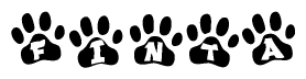 The image shows a row of animal paw prints, each containing a letter. The letters spell out the word Finta within the paw prints.