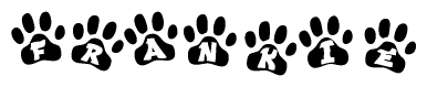 The image shows a series of animal paw prints arranged horizontally. Within each paw print, there's a letter; together they spell Frankie