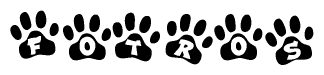 The image shows a row of animal paw prints, each containing a letter. The letters spell out the word Fotros within the paw prints.