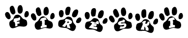 The image shows a series of animal paw prints arranged horizontally. Within each paw print, there's a letter; together they spell Fireski