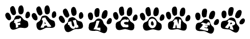 The image shows a series of animal paw prints arranged horizontally. Within each paw print, there's a letter; together they spell Faulconer