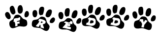 The image shows a series of animal paw prints arranged horizontally. Within each paw print, there's a letter; together they spell Freddy